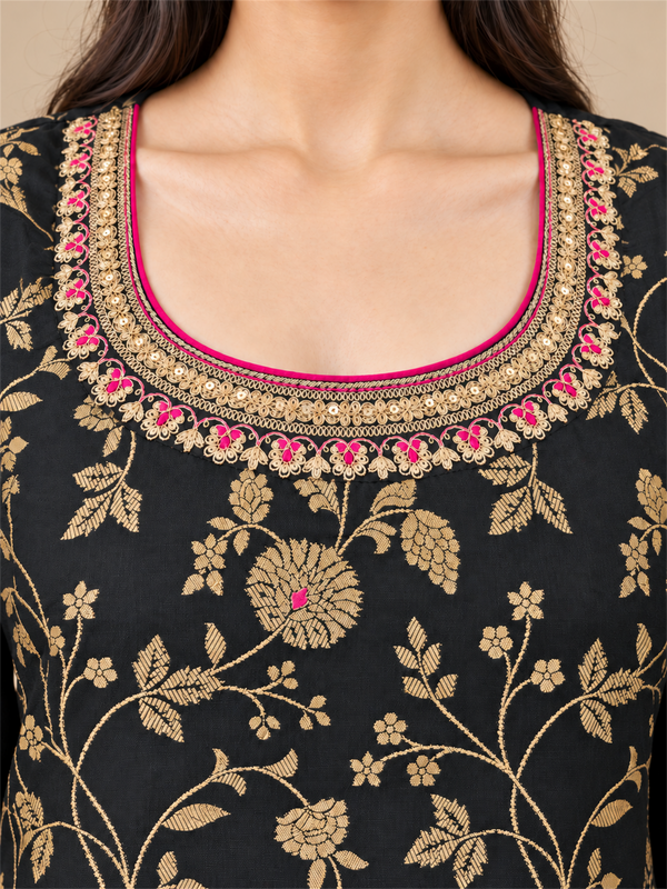 Black & Gold Floral Silk Blend Suit Set with Dupatta