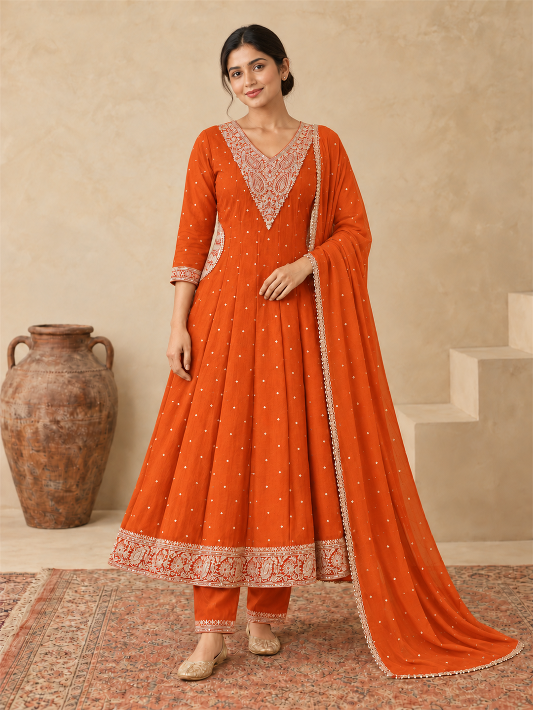 Orange Chanderi Silk Golden Embroidered Anarkali Kurta Pant Set with Dupatta