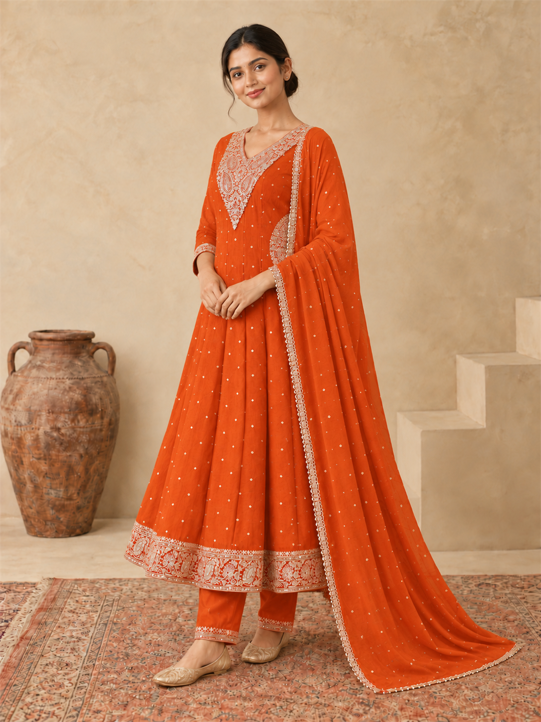 Orange Chanderi Silk Golden Embroidered Anarkali Kurta Pant Set with Dupatta