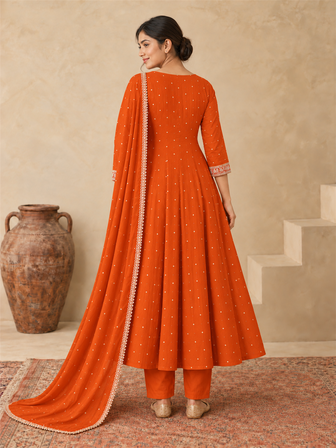 Orange Chanderi Silk Golden Embroidered Anarkali Kurta Pant Set with Dupatta