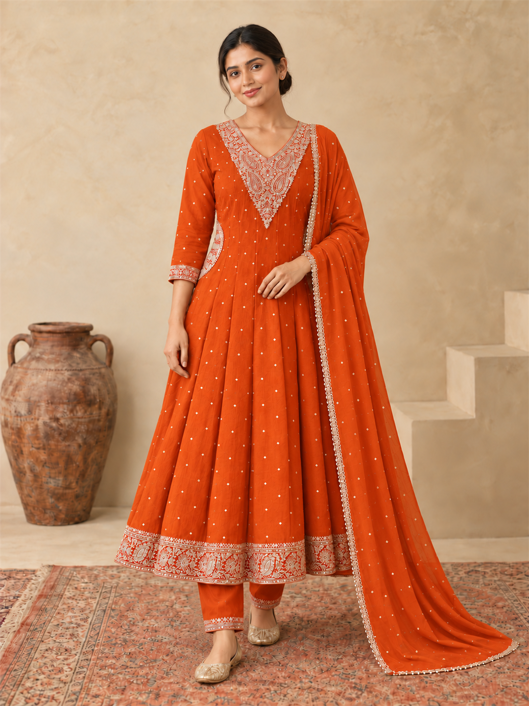 Orange Chanderi Silk Golden Embroidered Anarkali Kurta Pant Set with Dupatta