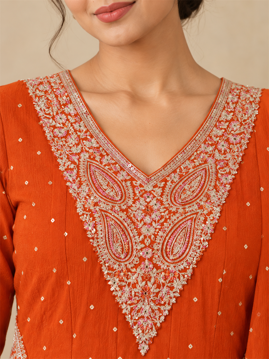 Orange Chanderi Silk Golden Embroidered Anarkali Kurta Pant Set with Dupatta