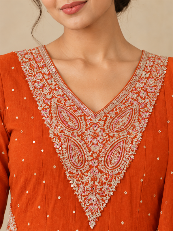 Orange Chanderi Silk Golden Embroidered Anarkali Kurta Pant Set with Dupatta