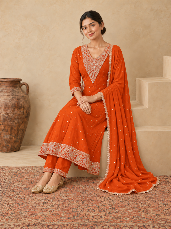 Orange Chanderi Silk Golden Embroidered Anarkali Kurta Pant Set with Dupatta