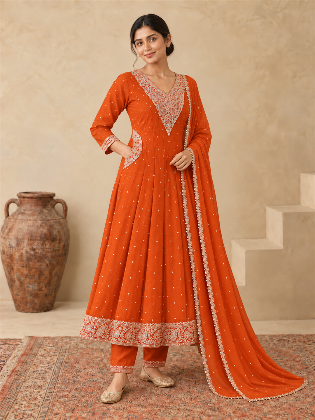 Orange Chanderi Silk Golden Embroidered Anarkali Kurta Pant Set with Dupatta