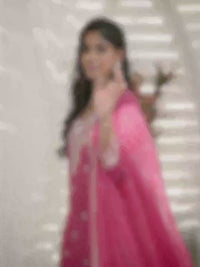 Floral and Geometric Threadwork Cherry Pink Kurta Set with Hanging Pearl Daman, Straight Pant, and Dupatta