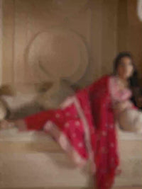 Floral and Geometric Threadwork Scarlet Red Kurta Set with Hanging Pearl Daman, Straight Pant, and Dupatta