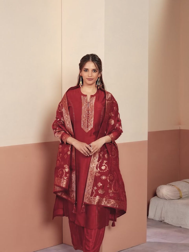 Brown Embroidery A-Line Kurta With Palazzo And Jacquaed Dupatta