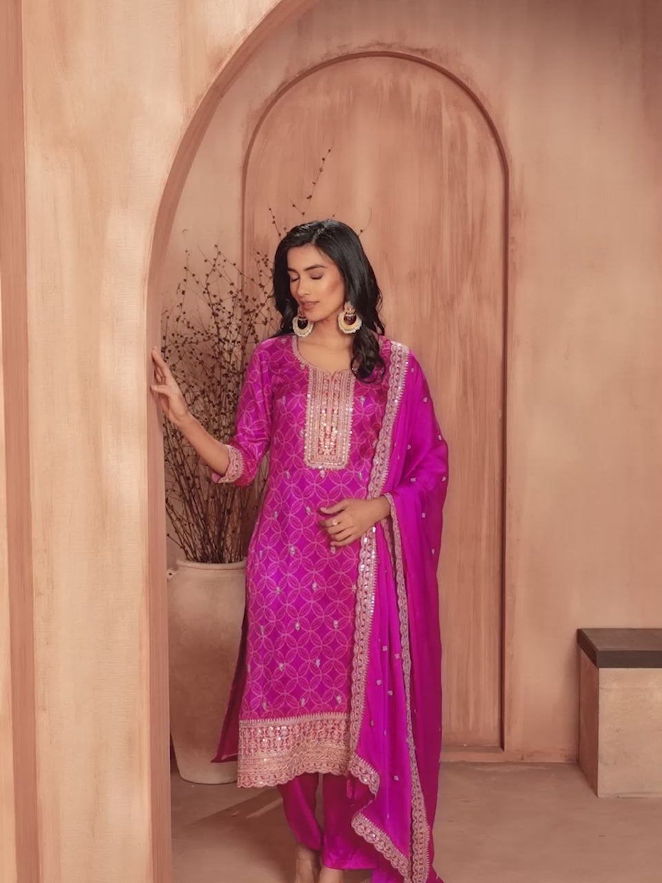 Magenta Print With Embroidery Straight Kurta With Trousers And Embroidery Dupatta
