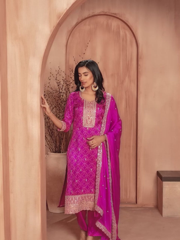 Magenta Print With Embroidery Straight Kurta With Trousers And Embroidery Dupatta