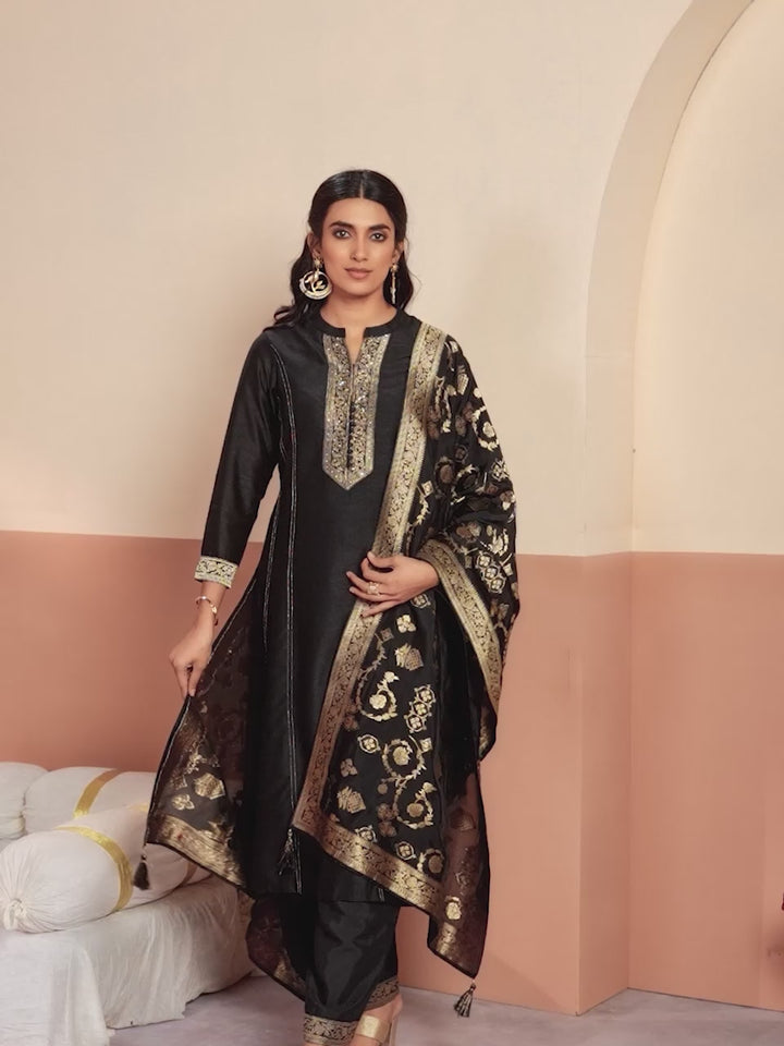 Black Embroidery A-Line Kurta With Palazzo And Jacquaed Dupatta