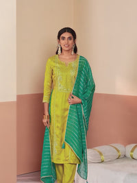 Mustard Embroidery Straight Kurta With Dyed Trousers And Jacquard Dupatta