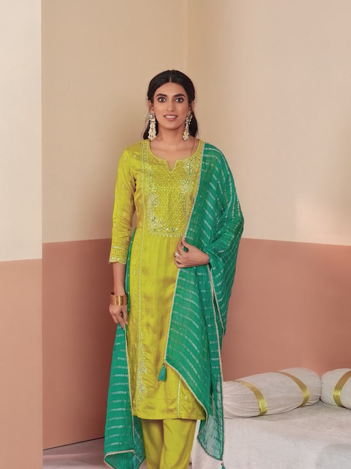 Mustard Embroidery Straight Kurta With Dyed Trousers And Jacquard Dupatta