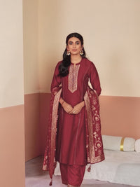 Maroon Embroidery A-Line Palazzo With Dyed Trousers And Jacquard Dupatta