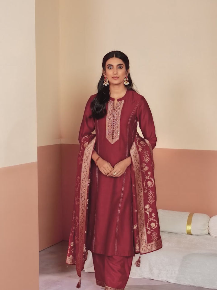 Maroon Embroidery A-Line Palazzo With Dyed Trousers And Jacquaed Dupatta