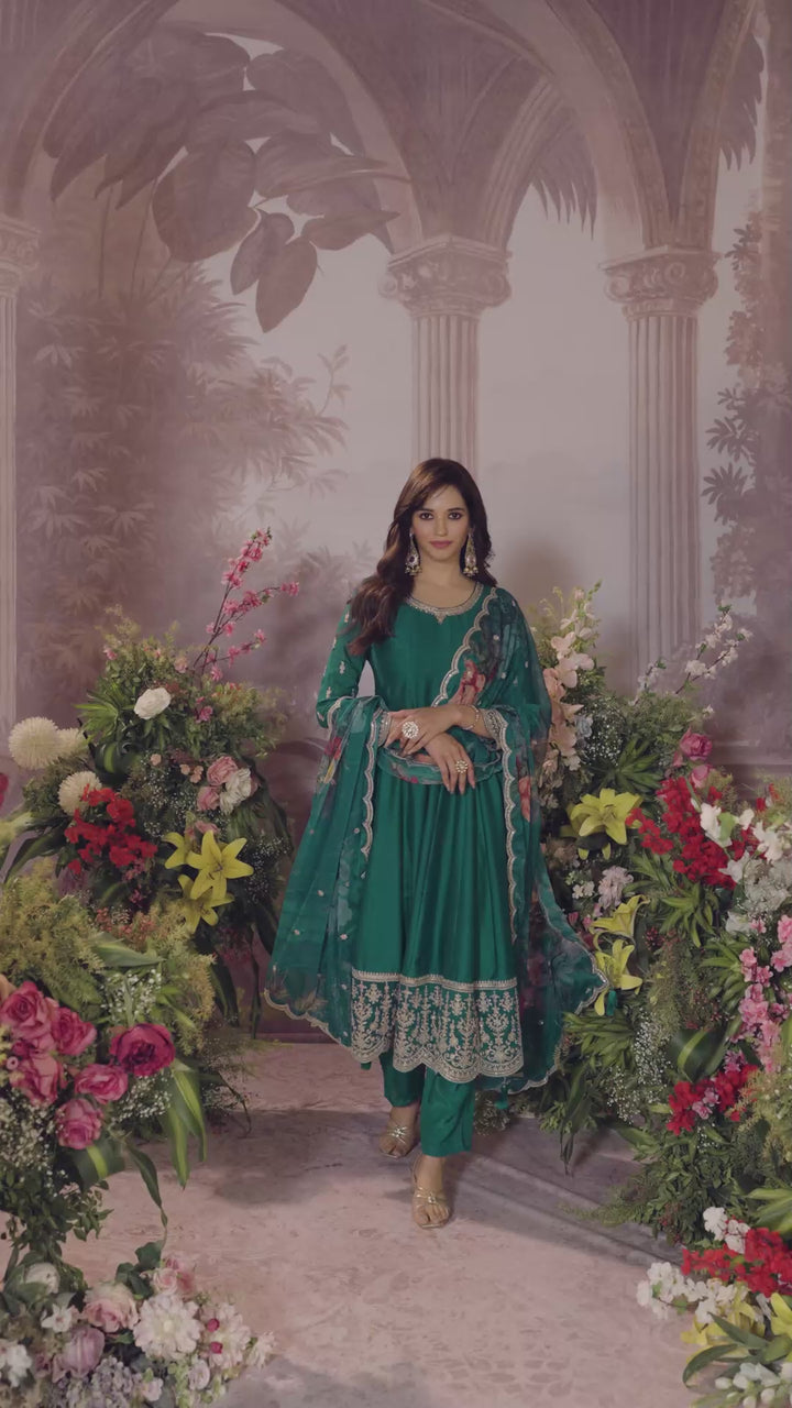Green Vichitra Silk Embroidered Anarkali Set with Digital Printed Chiffon Dupatta