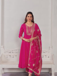 Pink Embroidery A-Line Kurta With Dyed Trousers And Jaal Embroidery Dupatta