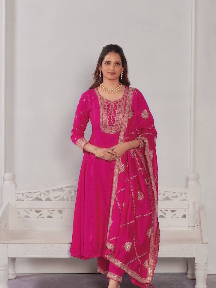 Pink Embroidery A-Line Kurta With Dyed Trousers And Embroidery Dupatta