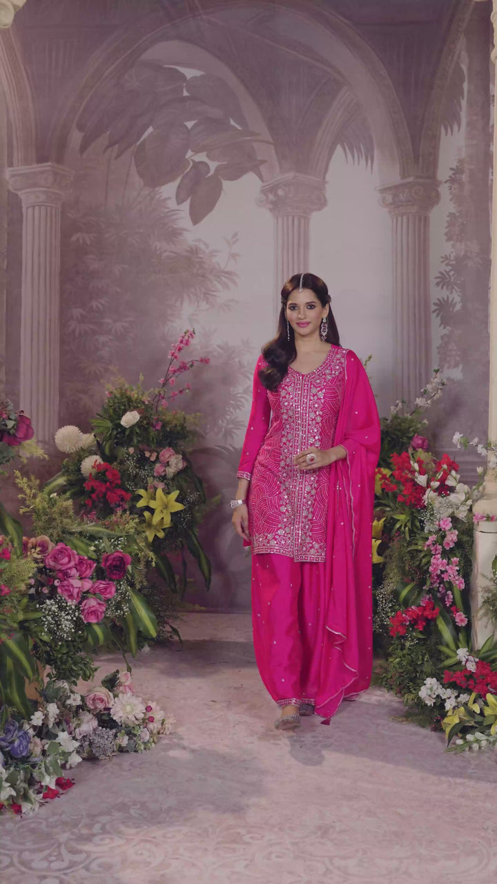 Pink Chinon Embroidered Sharara Suit with Butti Work and Sequins Scalloped Border Dupatta