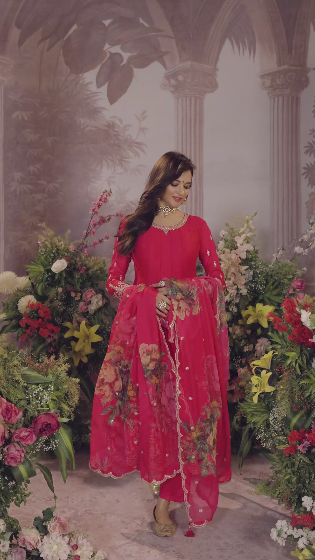 Pink Vichitra Silk Embroidered Anarkali Set with Digital Printed Chiffon Dupatta