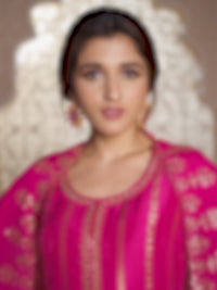 Pink Dola Silk Palazzo Suit Set with Zari and Self Weave Top