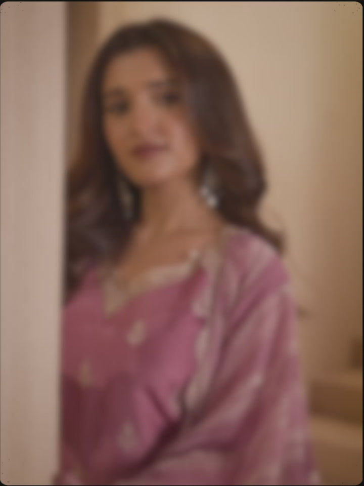 Dusty Rose Cutwork Neckline Dola Silk  Kurta Suit Set  with Lehariya Print Dupatta