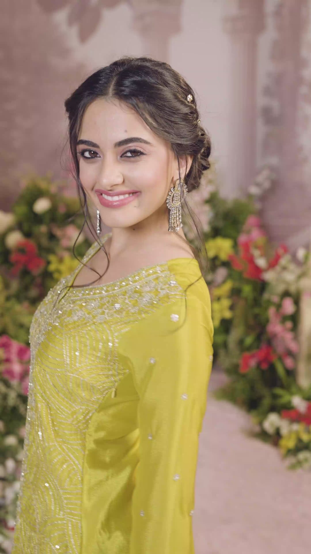 Yellow Chinon Embroidered Sharara Suit with Butti Work and Sequins Scalloped Border Dupatta