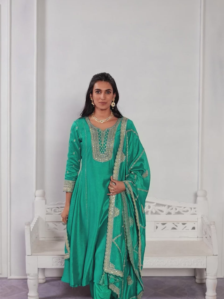 Green Embroidery A-Line Kurta With Dyed Trousers And Embroidery Dupatta