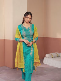 Teal Embroidery Straight Kurta With Dyed Trousers And Yellow Jacquard Dupatta