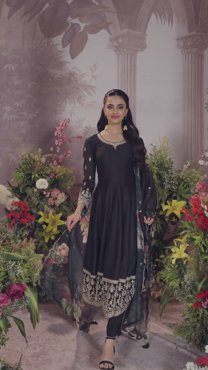 Black Vichitra Silk Embroidered Anarkali Set with Digital Printed Chiffon Dupatta