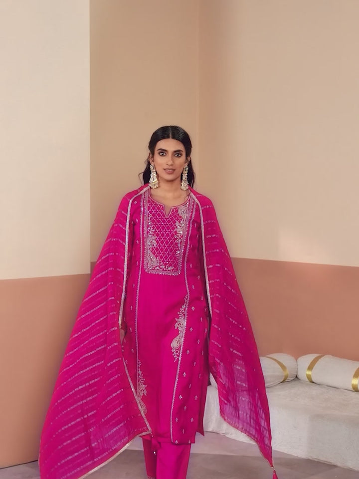 Pink Embroidery Straight Kurta With Dyed Trousers And Jacquard Dupatta