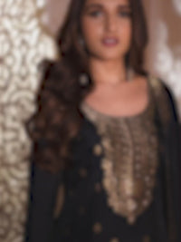 Dola Silk Jacquard Black Kurta With designer Yoke and handwork  with trousers and Dupatta