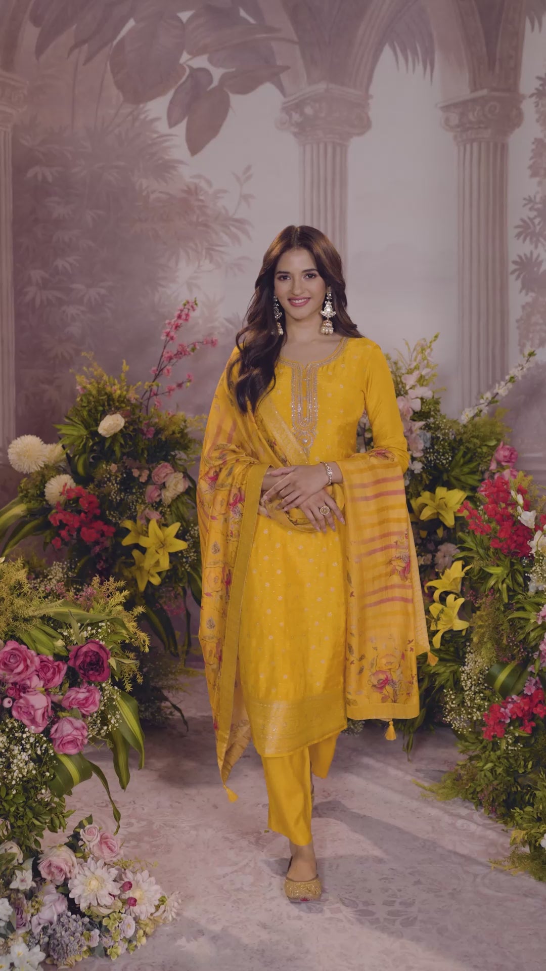 Yellow Dola Silk Kurta Set with Jacquard Detailing and Intricate Embroidery, Paired with a Cherry Silk Dupatta
