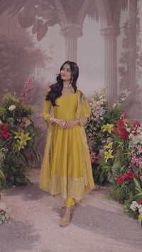 Mustard Vichitra Silk Embroidered Anarkali Set with Digital Printed Chiffon Dupatta