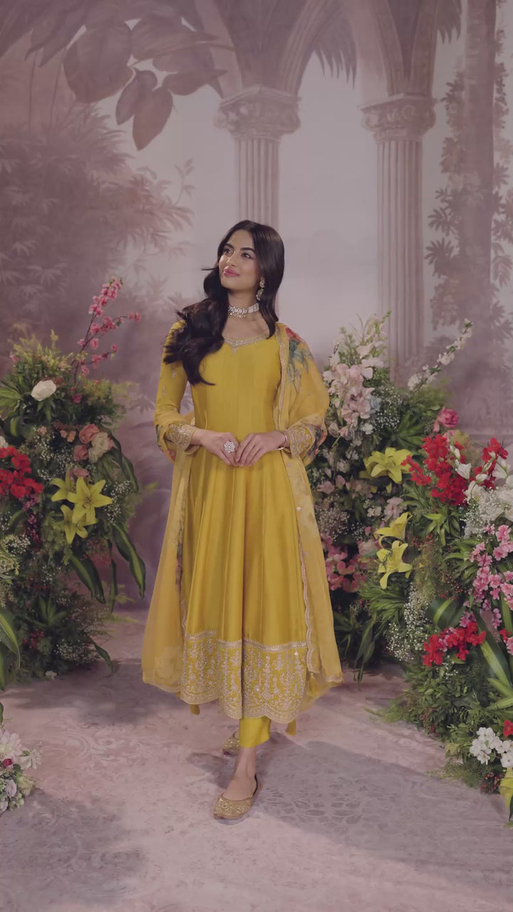 Mustard Vichitra Silk Embroidered Anarkali Set with Digital Printed Chiffon Dupatta