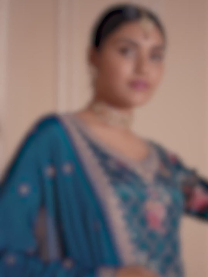 Blue Digital Floral Printed Embroidered Sharara Suit Set
