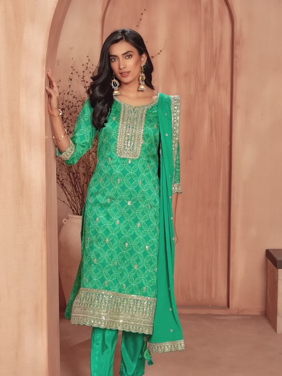 Green Print With Embroidery Straight Kurta With Trousers And Embroidery Dupatta