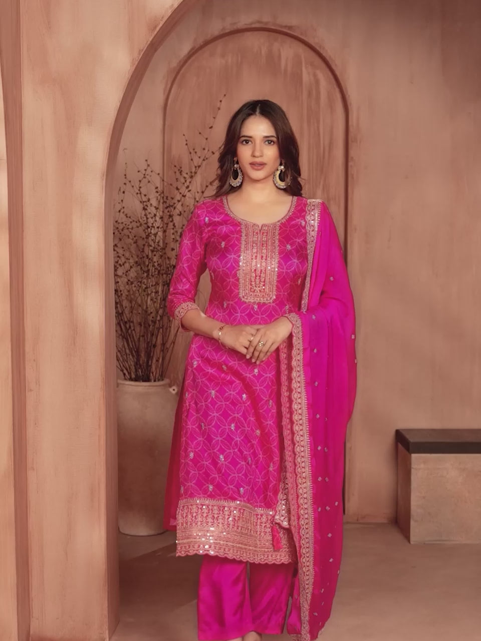 Pink Print With Embroidery Straight Kurta With Trousers And Embroidery Dupatta