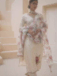 Cream Applique Jacquard Kurta with Floral Print Dupatta