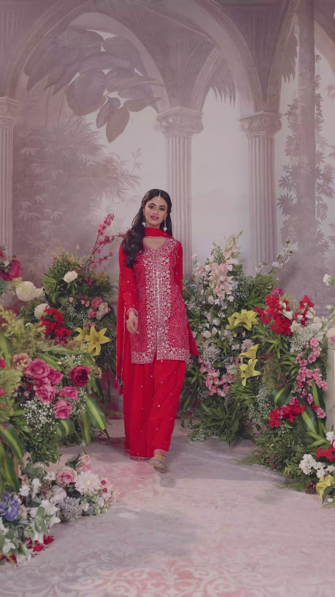 Red Chinon Embroidered Sharara Suit with Butti Work and Sequins Scalloped Border Dupatta