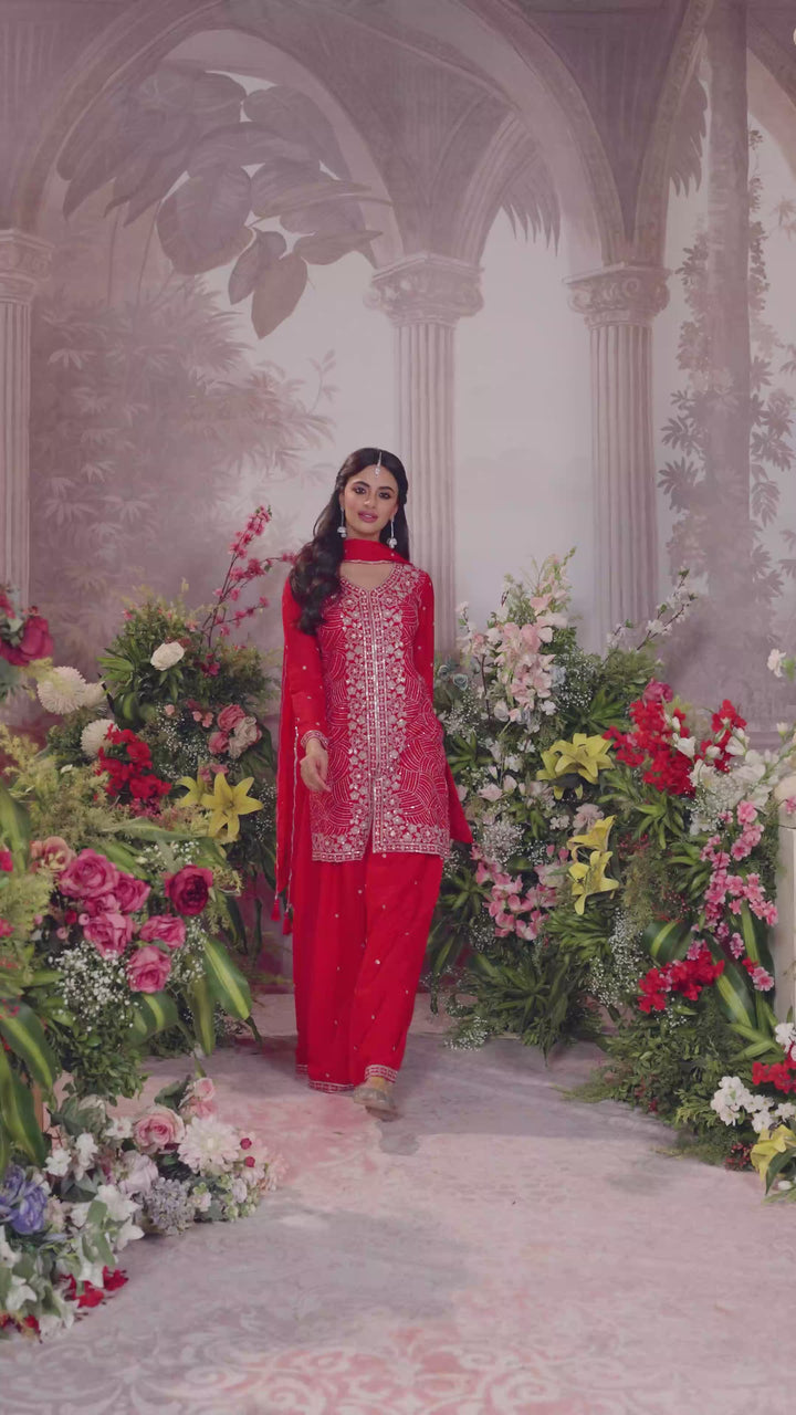 Red Chinon Embroidered Sharara Suit with Butti Work and Sequins Scalloped Border Dupatta