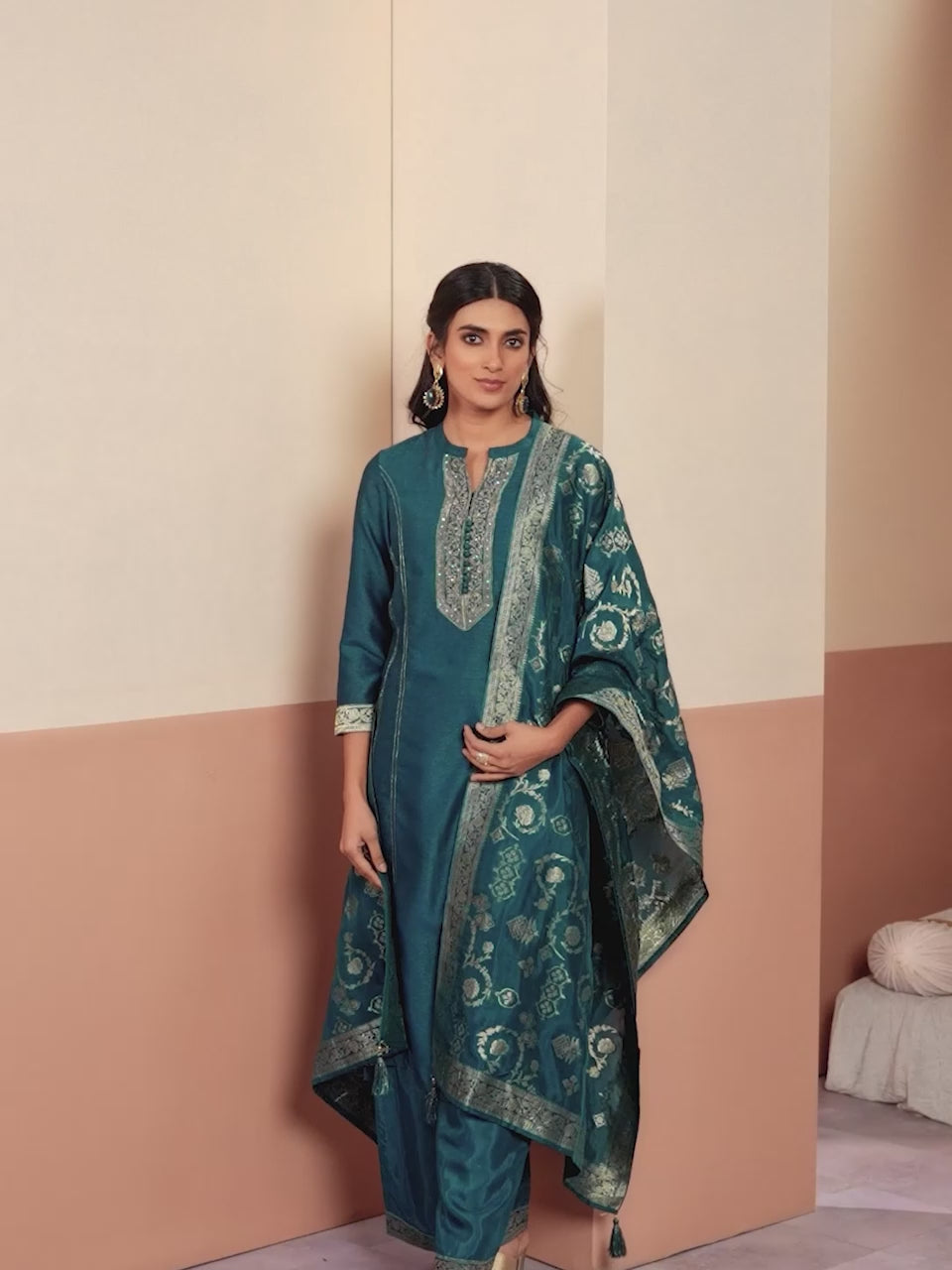 Teal Embroidery A-Line Kurta With Palazzo And Jacquaed Dupatta