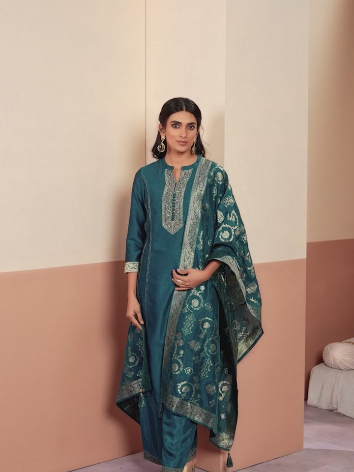 Teal Embroidery A-Line Kurta With Palazzo And Jacquaed Dupatta