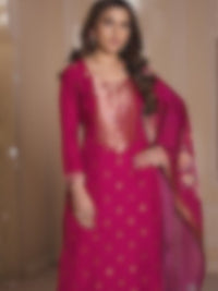 Dola Silk Jacquard Pink Kurta With designer Yoke and handwork  with trousers and Dupatta