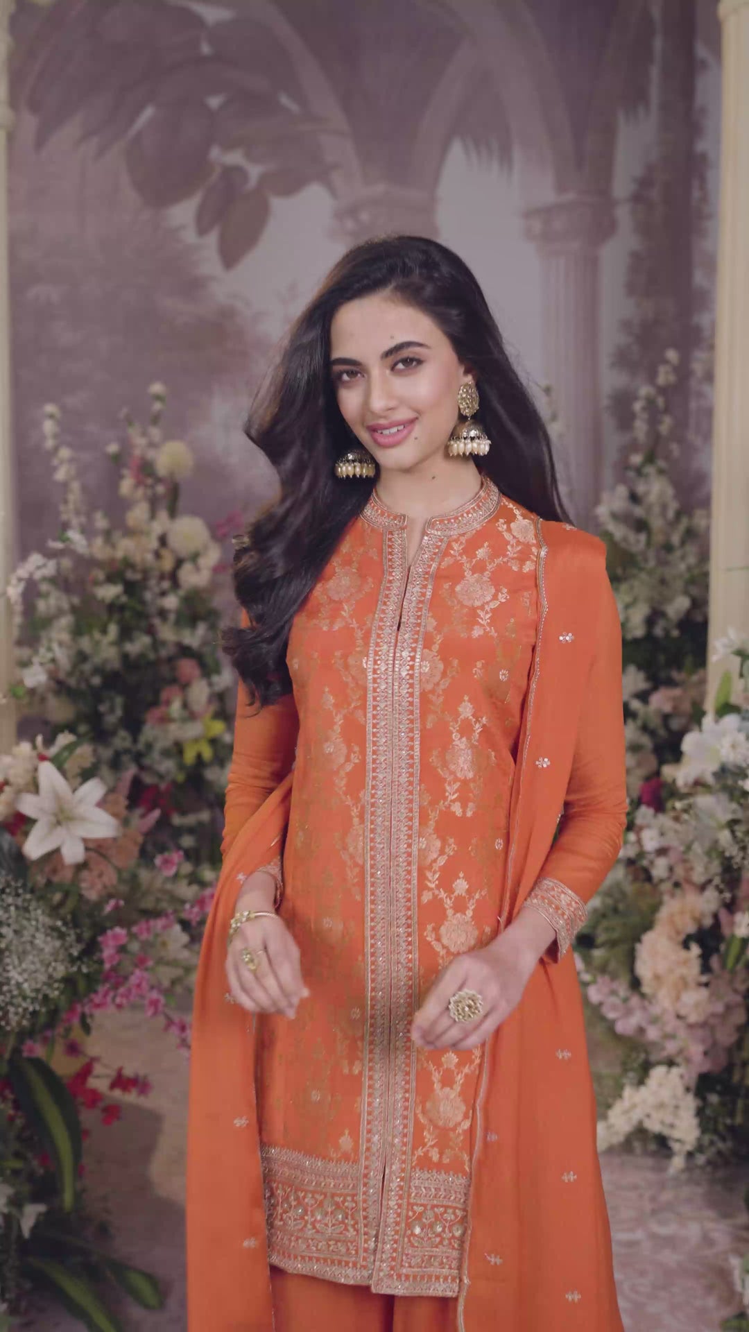 Orange Chinon Kurta Set with Heavy Jacquard Work Paired with Chinon Dupatta with Embroidered Work