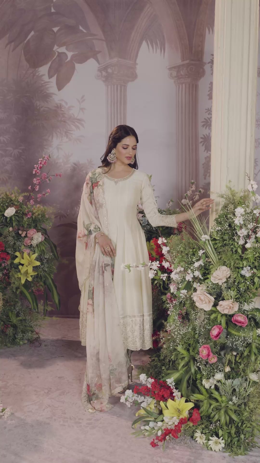 Off-White Vichitra Silk Embroidered Anarkali Set with Digital Printed Chiffon Dupatta