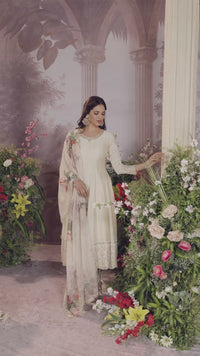 Off-White Vichitra Silk Embroidered Anarkali Set with Digital Printed Chiffon Dupatta