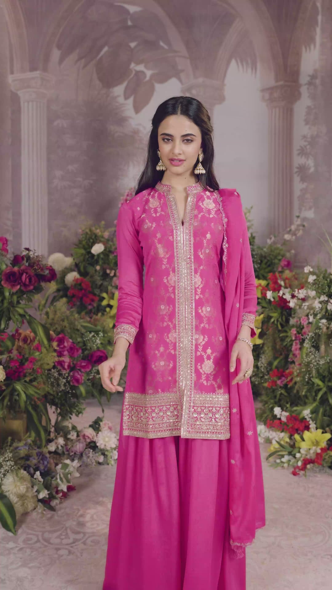Pink Chinon Kurta Set with Heavy Jacquard Work Paired with Chinon Dupatta with Embroidered Work