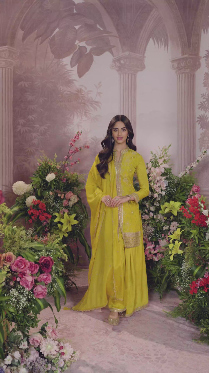 Mustard Chinon Kurta Set with Heavy Jacquard Work Paired with Chinon Dupatta with Embroidered Work