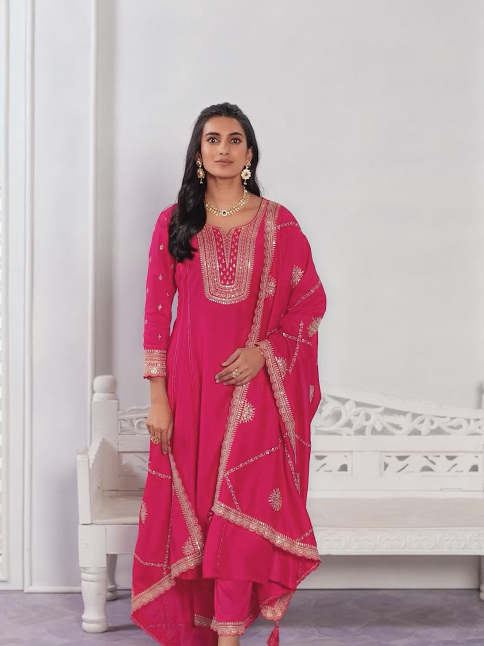 Pink Embroidery A-Line Kurta With Dyed Trousers And Embroidery Dupatta